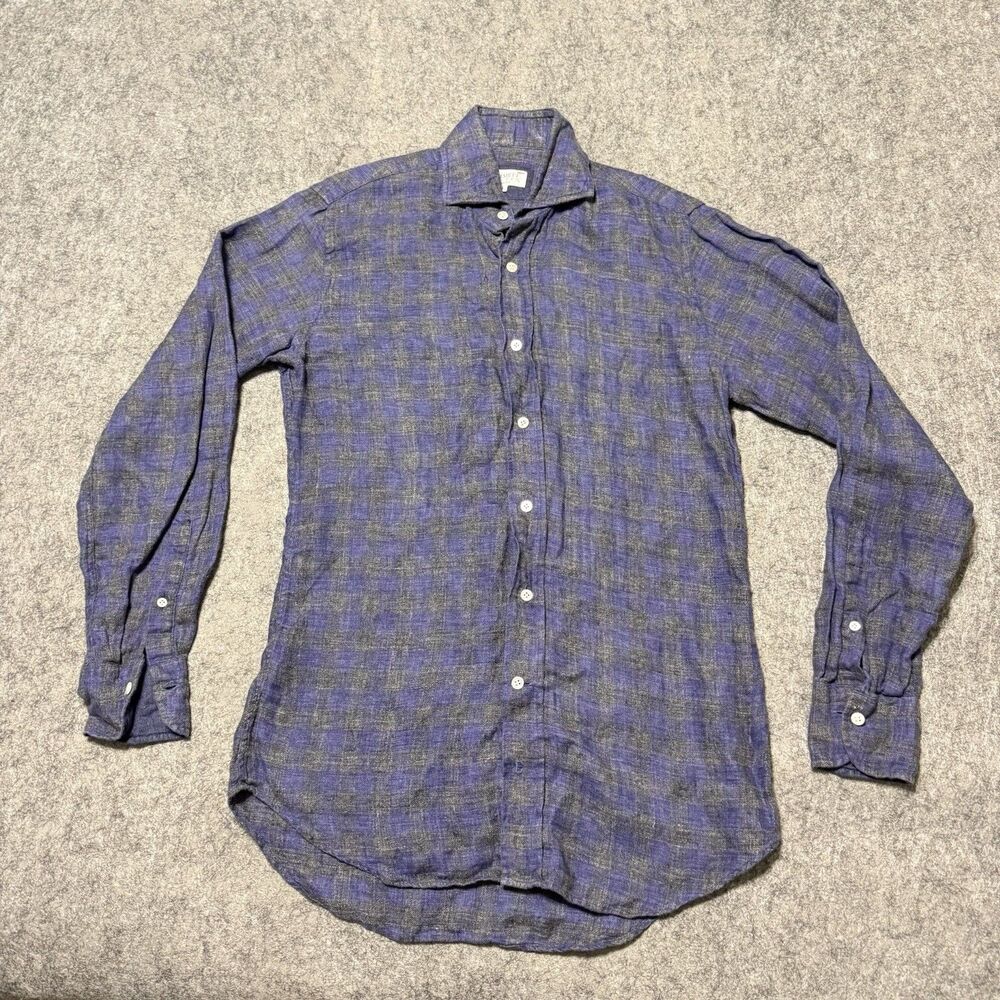 Emmett London Mens Shirt Size S Small Slim Fit 100% Linen Purple Gray Plaid L/S